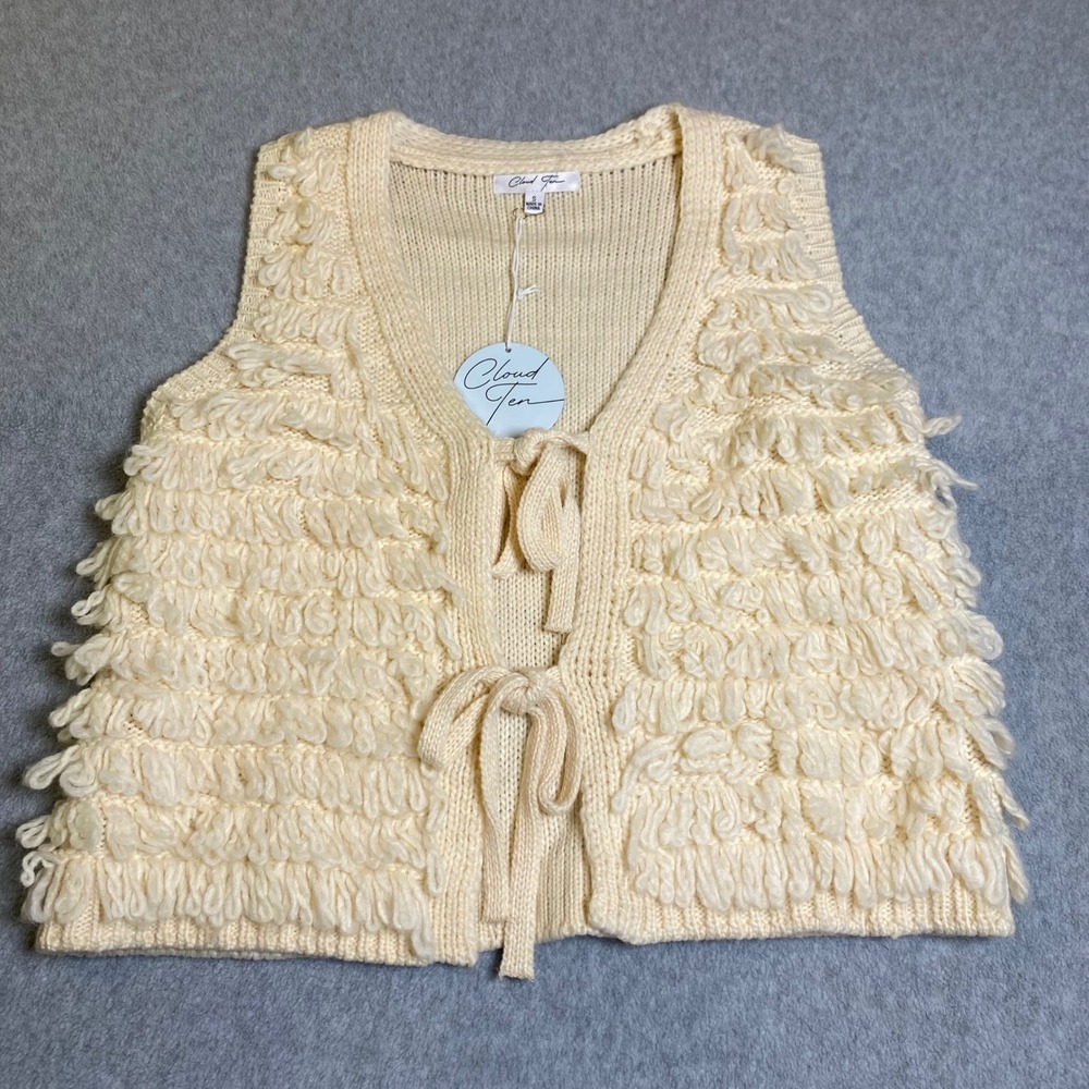 Cloud Ten Shaggy Loop Knit Vest Women Small Cream Tie Front Wool Blend Boho NWT
